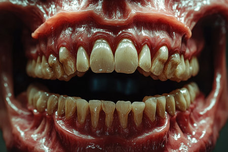 The image shows a close-up view of a mouth with teeth positioned in gums, showing intricate details and textures. This piece explores themes of submechanophobia and submechanophilia.の素材
