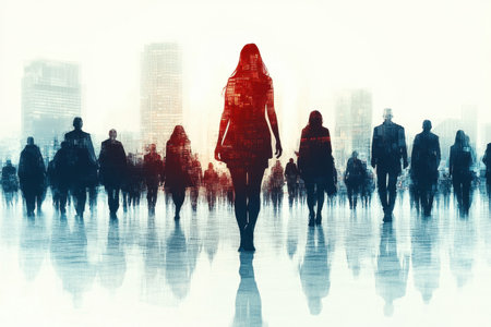 Chaotic silhouettes of various people walk across a white backdrop, with one person clearly distinguished from the crowd. The unique figure draws attention amidst the bustling movement.の素材