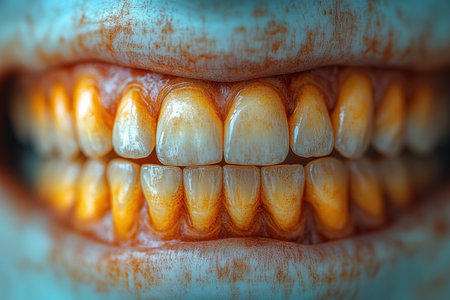This detailed 3D rendering presents a close-up view of a mouth showing dull yellow teeth. The focus highlights the texture and imperfections, creating a striking visual impact.の素材