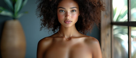 An American model with healthy complexion and beautiful collarbones wears a stunning rose gold necklace. The features setting a gray background, creating a sense of relaxation.の素材