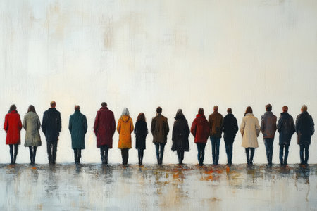 Twenty people dressed in various minimalist styles stand in a line, facing a light background. Their postures convey unity and contemplation, creating a peaceful atmosphere.の素材