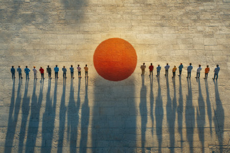 In a minimalist outdoor setting, twenty individuals stand in a line, aligned with a large circle on the ground casting elongated shadows. The atmosphere is calm and contemplative.の素材