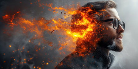 A man wearing glasses contemplates ideas with a burst of vibrant energy emerging from his mind. The setting features a white background with natural lighting that highlights his thoughtful expression.の素材