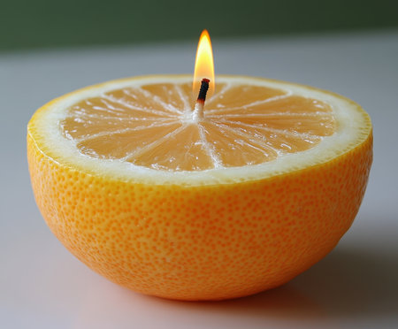 This lemon shaped candle features a bright yellow exterior with a realistic slice design. It emits a warm glow as it burns, creating a cozy atmosphere in any setting.の素材