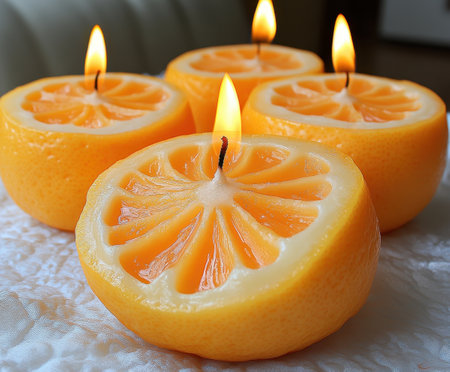 Four lemon shaped candles sit on a soft surface, their flickering flames casting a warm glow. The candles vibrant yellow color mimics real lemons, enhancing the inviting atmosphere.の素材