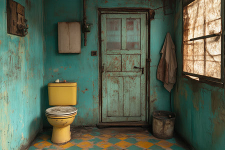 A small, worn bathroom reveals a yellow toilet next to a rustic door and faded blue walls. A towel hangs nearby, and the floor features a checkered pattern.の素材