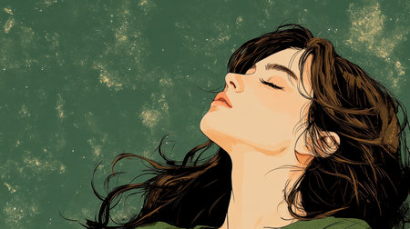 A woman lies gracefully on her back, her long hair cascading around her face.の素材