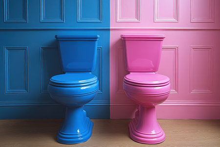 Two toilets stand side by side against a vibrant blue and pink wall. The blue toilet features a sleek design, while the pink toilet offers a playful contrast, creating a dynamic atmosphere.の素材