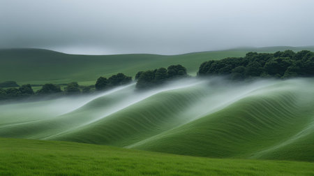 Early morning sun breaks through misty skies, illuminating rolling hills. The soft greens of the landscape create a tranquil atmosphere, inviting peaceful reflection and appreciation of nature.の素材