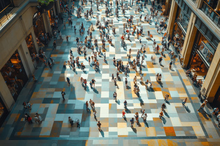 Crowds gather in a vibrant Italian piazza, where intricate tiled flooring creates a stunning pattern under bright sunlight.の素材