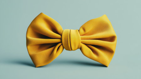 A shiny yellow satin bow is positioned on a smooth white surface, showing its elegant loops and symmetrical design. The frontal perspective highlights its refined appearance and texture.の素材