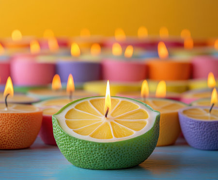A lime shaped candle shines brightly, surrounded by numerous colorful candles in various shapes. This vibrant display creates a warm and inviting atmosphere perfect for relaxation.の素材