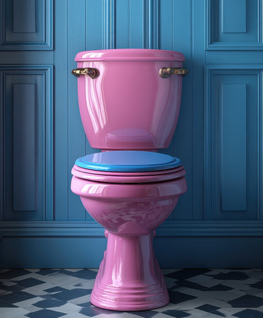 This unique toilet features a vibrant pink tank and bowl, complemented by a striking blue seat. The background showcases stylish blue paneling, creating a fun and contemporary restroom atmosphere.の素材