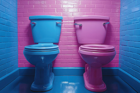 Two creatively designed toilets in blue and pink hues stand side by side against a colorful backdrop, adding a playful touch to a modern restroom decor.の素材