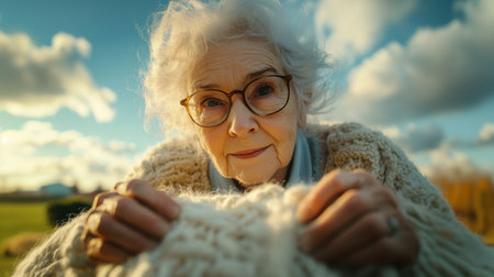 An elderly woman concentrates on knitting at a neatly arranged table. She wears glasses and a crisp blue shirt with a white apron, radiating calm focus in a sunlit atmosphere filled with warmth.の素材