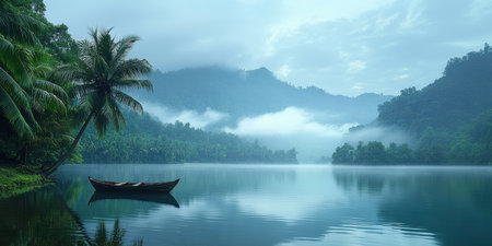 A calm lagoon mirrors the lush tropical jungle surrounding it. Morning mist hovers gently over the water, creating a peaceful and serene atmosphere in this beautiful setting.の素材