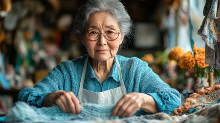 An elderly woman, focused and calm, knits clothes on a tidy table. She wears a crisp blue shirt and a white apron, with sunlight illuminating her dedicated work and creating a warm atmosphere.の素材