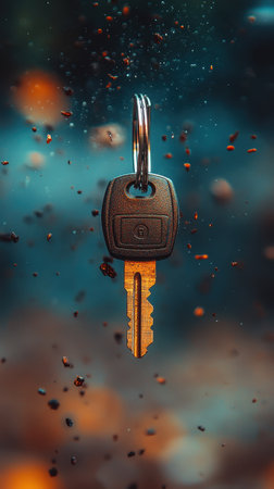 A smart car key is on the verge of falling as it breaks through its self-locking cable ties. Surrounding debris is caught in mid-air, emphasizing the intensity of the moment.の素材