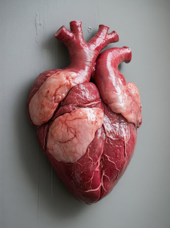 A striking depiction of a human heart made from red meat and skin, prominently hung on a wall. The intricate details vividly depict the hearts structure and texture.の素材