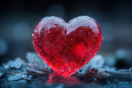 A heart made of red ice rests on crushed ice, glistening under winter light. The cold setting enhances its vibrant color, creating a striking attraction in a serene environment.の素材