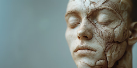 A striking heart-shaped human face sculpture appears in three dimensions, devoid of eyes. Its surface displays intricate textures and details, evoking a surreal, thought-provoking presence.の素材