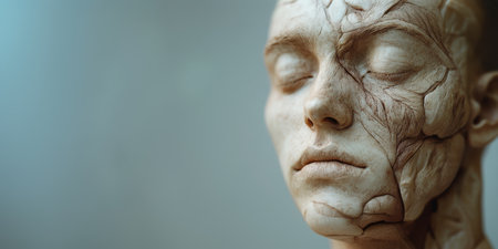 Captivating hyper-realistic heart-shaped human face crafted in 3D, featuring intricate details on the surface, devoid of eyes, creating a surreal and thought-provoking expression.の素材