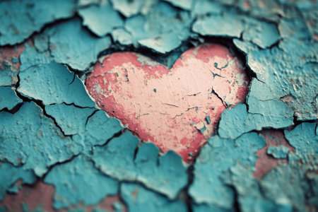 A heart symbol emerges from cracked paint, revealing vibrant colors beneath. This visual represents feelings of depression and loss, inviting reflection on emotional pain and healing.の素材