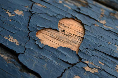 A heart shape reveals worn wood beneath cracked, blue paint on a weathered surface, embodying deep emotional pain and the essence of heartbreak. This evocative symbol encapsulates melancholy.の素材