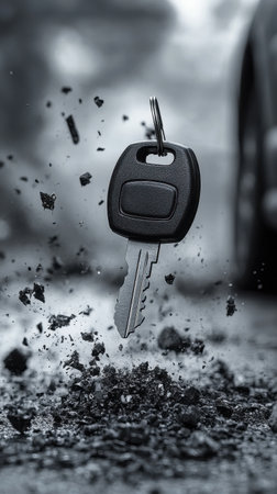 A smart car key breaks through shackles while flying through the air. It is tied with cables and is about to drop after a significant impact on the ground.の素材