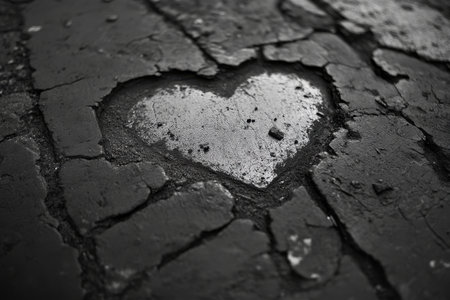 A heart-shaped mark emerges from fractured asphalt, illustrating themes of heartbreak and despair. The somber tone evokes emotions of grief and loneliness in an urban setting.の素材