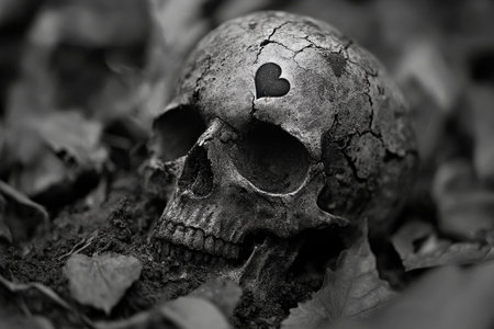 A cracked skull lies on the ground, surrounded by dry leaves. The skull features a heart etched into its surface, symbolizing love intertwined with death.の素材