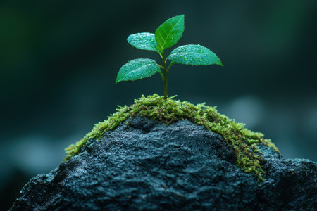 A small green plant emerges from a dark, rugged rock adorned with lush moss. The backdrop conveys a serene atmosphere, evoking a sense of natures resilience and beauty.の素材