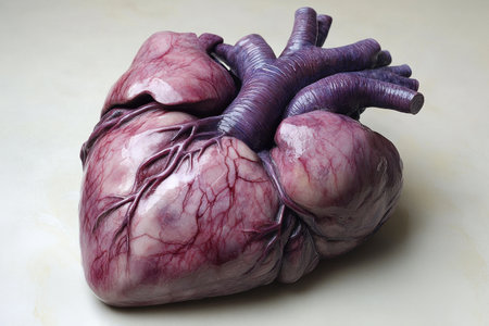 A realistic human heart displayed in a heart shape, showing intricate anatomical details and textures.の素材