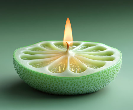 A beautifully crafted lime shaped candle burns gently, its warm flame illuminating the unique slice design. Set against a soft green backdrop, it creates a calming atmosphere perfect for relaxation.の素材