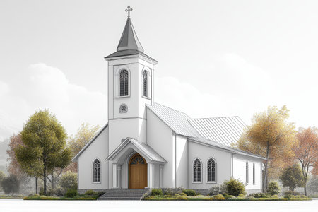 The rendering showcases a modern church featuring a tall tower, large windows, and a welcoming wooden door. Surrounding trees enhance the serene atmosphere, highlighting its architectural beauty.の素材