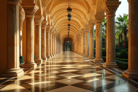 This stunning hall features tall columns and a beautifully polished marble floor reflecting the warm golden light. Lush greenery frames the entrance, enhancing the tranquility of the setting.の素材