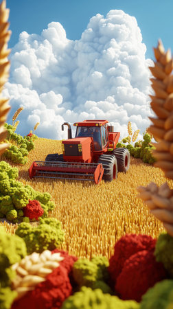 Several farmers are joyfully engaged in harvesting wheat under a bright sky. The miniature landscape showcases endless fields and bold colors, creating a dreamy atmosphere.の素材