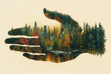 A detailed outline of a human hand merges vibrant cityscapes with lush forests and flowing rivers. This artwork symbolizes the harmony between urban environments and nature in the Pacific Northwest.の素材