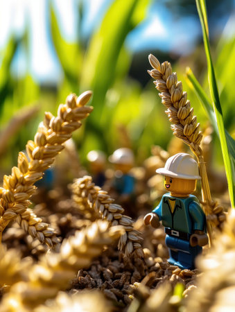 Farmers diligently gather golden wheat in a lush countryside during summer. The bright colors and playful details create a dreamlike atmosphere, evoking a sense of joy and harmony.の素材