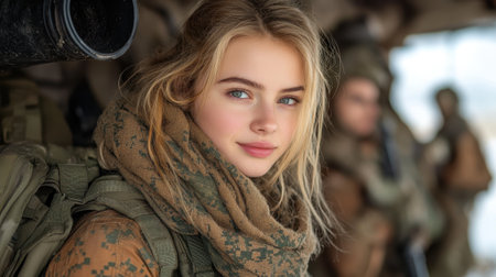 A young soldier dressed in military gear stands confidently among fellow soldiers. The warm light highlights her features, creating an atmosphere of strength and unity.の素材