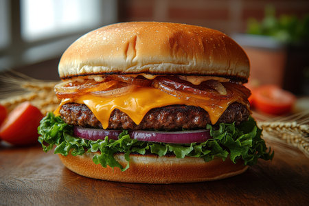 Close-up of a classic beef hamburger featuring juicy patties, melted cheese, fried onions, and crisp lettuce. Surrounded by fresh tomatoes and warm wheat ears on a wooden table.の素材