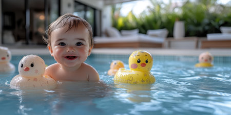 A cheerful little boy swims in a bright blue pool, surrounded by cute floaties. Sunlight glistens on the water as he smiles joyfully at the camera, creating a playful atmosphere.の素材
