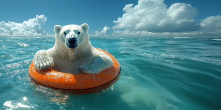 A polar bear calmly sits on a vibrant orange life ring floating in the endless blue ocean. Fluffy white clouds drift lazily overhead, creating a serene atmosphere during a clear afternoon.の素材