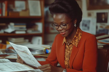 In a bright, modern office, a confident business woman in her early 30s smiles with satisfaction while reviewing a lease management report on her tablet, surrounded by organized documents.の素材