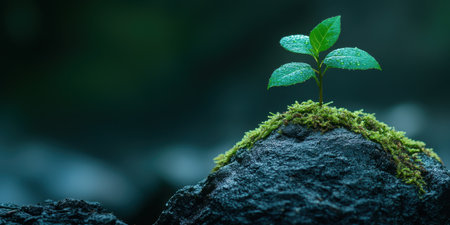 A small vibrant plant emerges from a moss-covered rock, showing its delicate green leaves. The peaceful setting emphasizes the resilience of nature, creating a sense of tranquility and growth.の素材