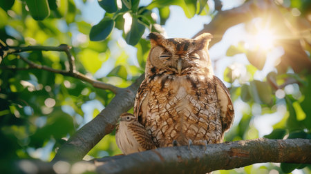 A peculiar owl perches peacefully on a tree branch, its eyes closed in rest. Beneath warm sunlight, a small prey lies beside it, creating a serene moment in natures beauty.の素材