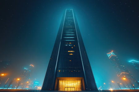 A striking office tower showing an impressive design of black concrete and glass stands tall at night. The building glows with ambient lighting, surrounded by a vibrant cityscape.の素材