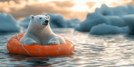 A polar bear sits comfortably on an orange life ring, floating serenely in the endless ocean. Surrounding icebergs reflect the warm hues of the sunset, creating a tranquil atmosphere.の素材