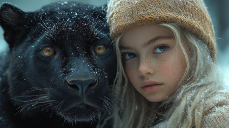 In a dimly lit, foggy setting, a little girl gazes affectionately at her black panther companion. Snow falls gently around them, enhancing their close connection and the winter atmosphere.の素材