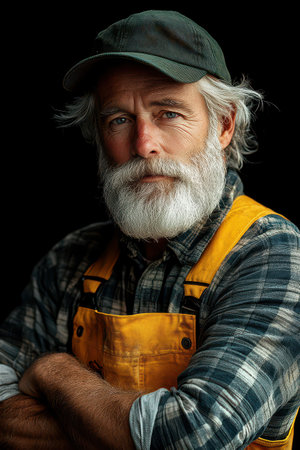 Full body portrait captures a burly fisherman with a friendly face, cross-armed stance, and striking attire. The individual exudes a sense of strength and warmth against a black background.の素材